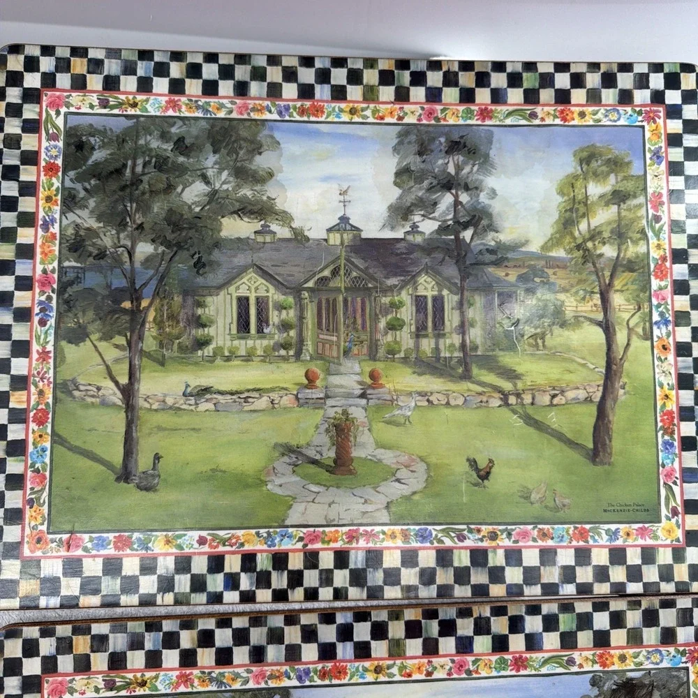 RARE MacKenzie  Childs Check Aurora Cork board Placemats Set  4 FARM 1980's-90's